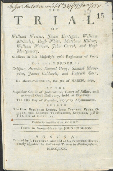 Title page of a trial document featuring names and date of a court case
