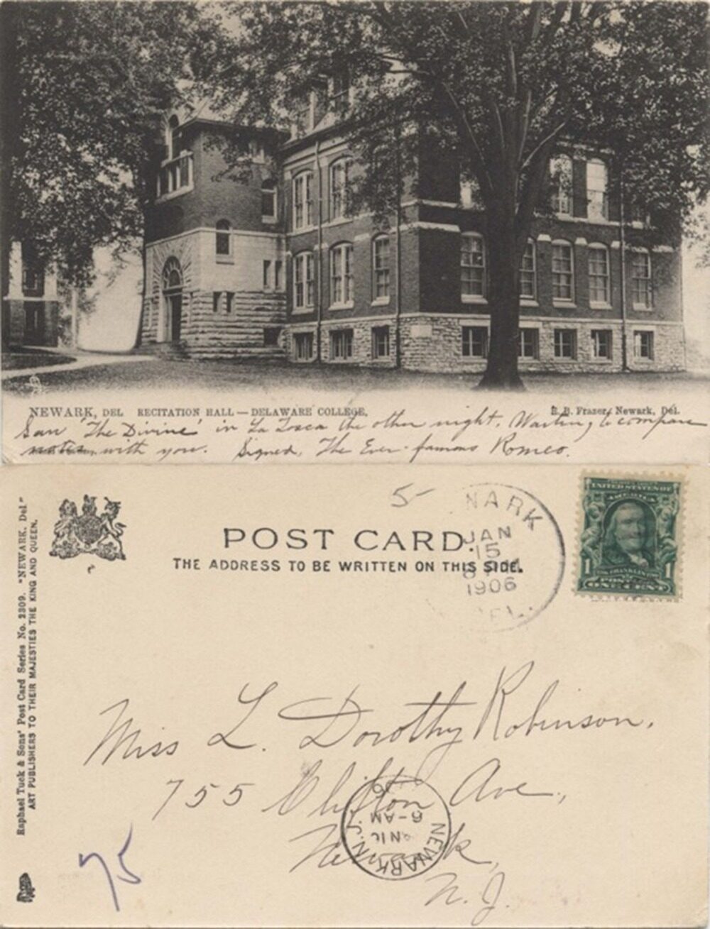 A vintage postcard showing Recitation Hall at Delaware College in Newark, with handwritten message.