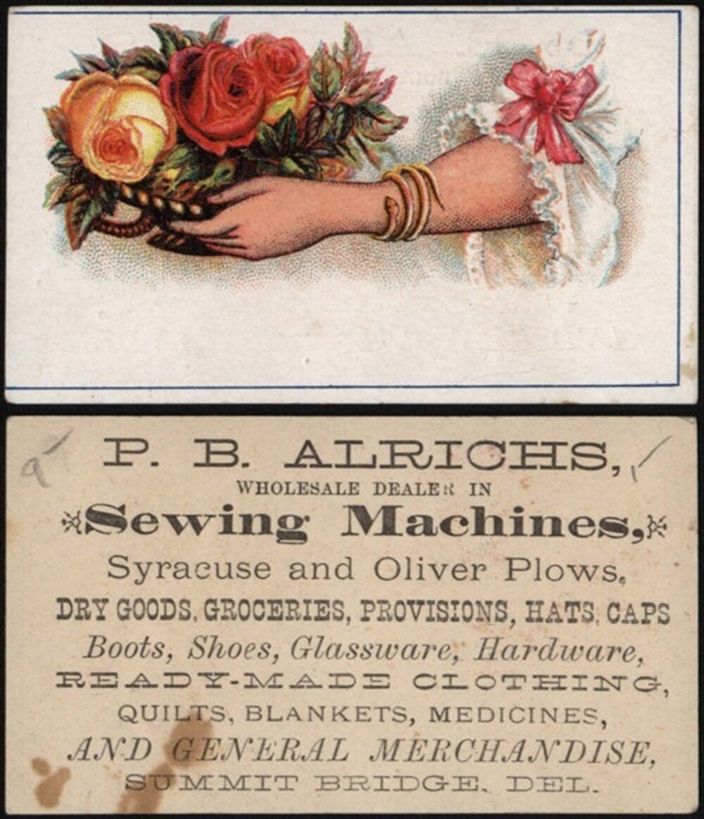 A hand holding a bouquet of colorful roses. Below, a vintage business card lists P. B. Alrichs' shop details.