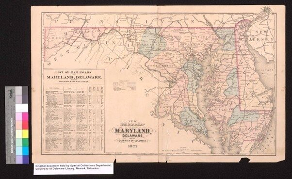 A vintage map showing Maryland and Delaware with railroads and cities, dated 1872.