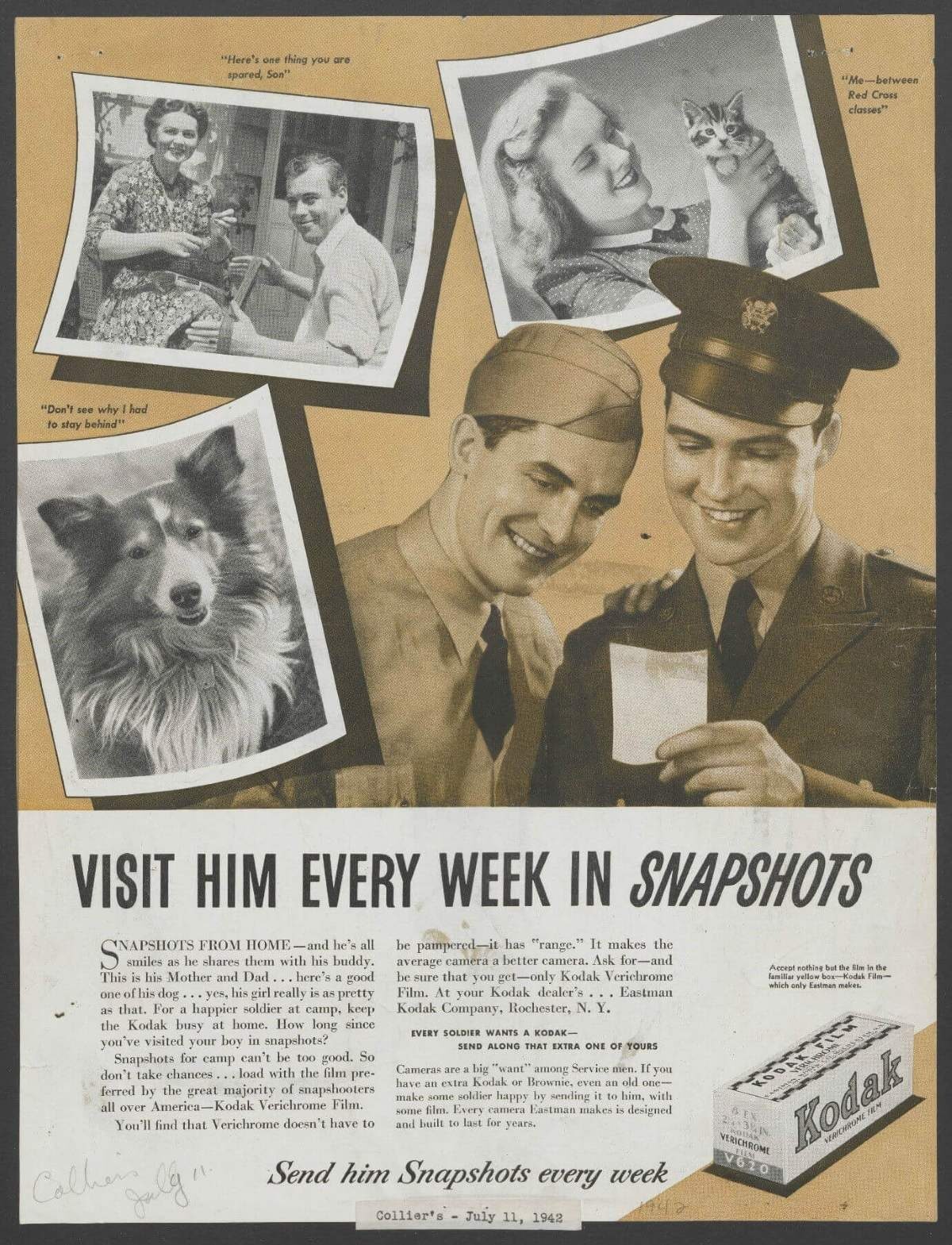Vintage advertisement urging families to send snapshots to soldiers. Features images of happy people and pets.
