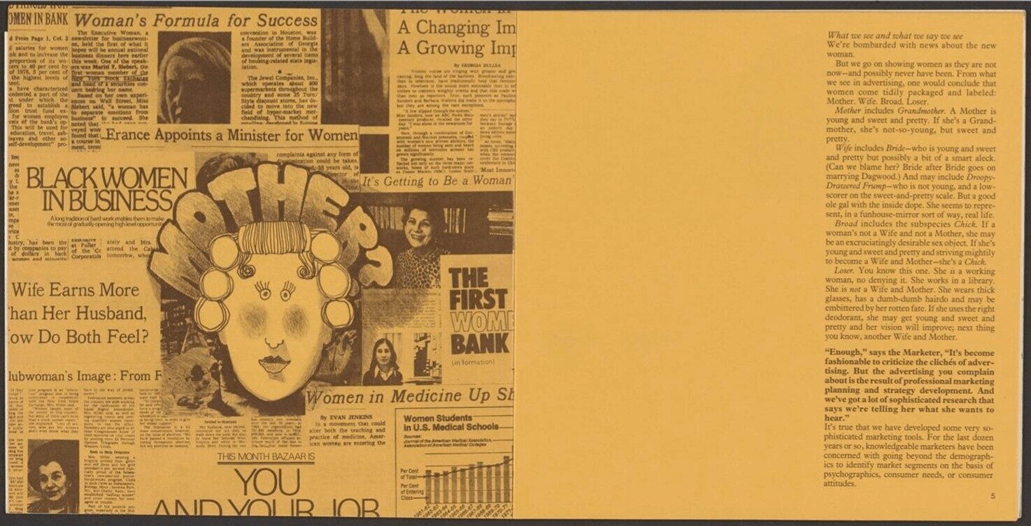 A collage of newspaper clippings discussing women's roles, focusing on black women in business and societal expectations.