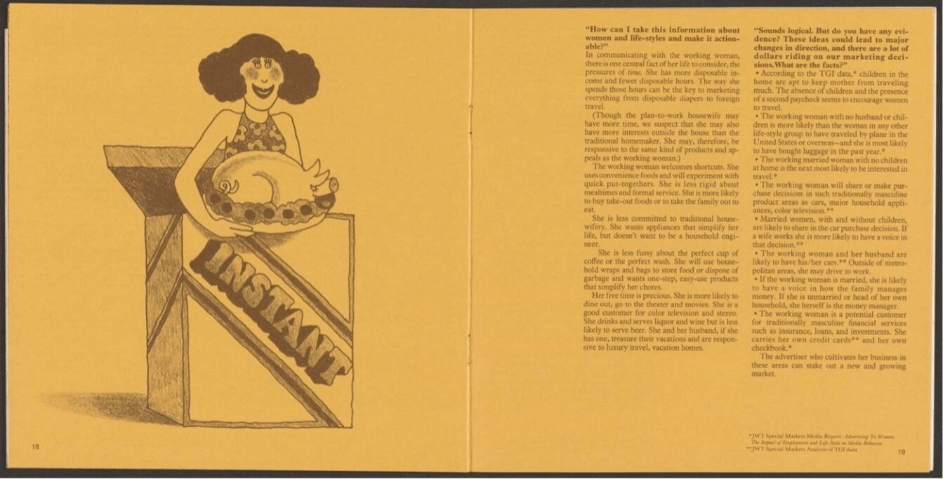 A cartoon woman smiles while holding a pig in a dish, standing beside a sign that says 'INSTANT'. Background is yellow.