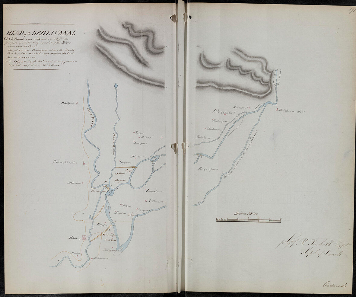 A hand-drawn map showing topographical features and labelled locations, presented on two pages