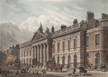 A historic building with a grand facade, surrounded by people, horses, and carriages.