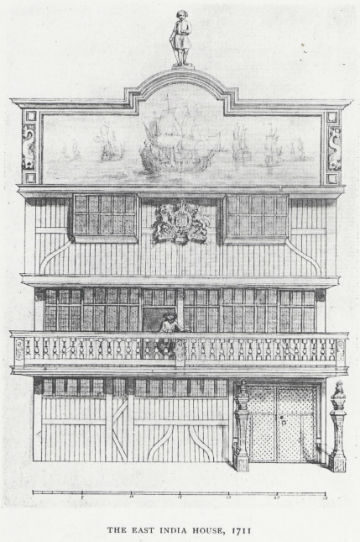 Drawing of the East India House from 1711, featuring two levels, balconies, and a ship painting on the facade.