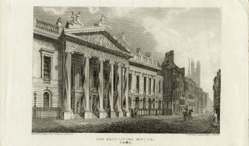 An engraving of the Royal Exchange building, featuring tall columns and a street view.
