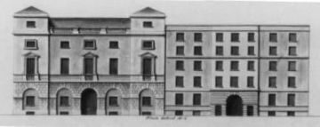 A drawing of two buildings, one with arches and a roof overhang, the other more modern with rectangular windows.