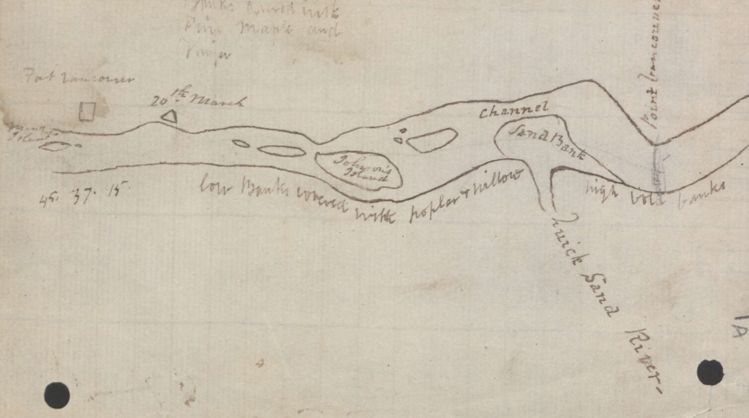 A hand-drawn map showing Fort Vancouver, river channel, and nearby islands with labels.