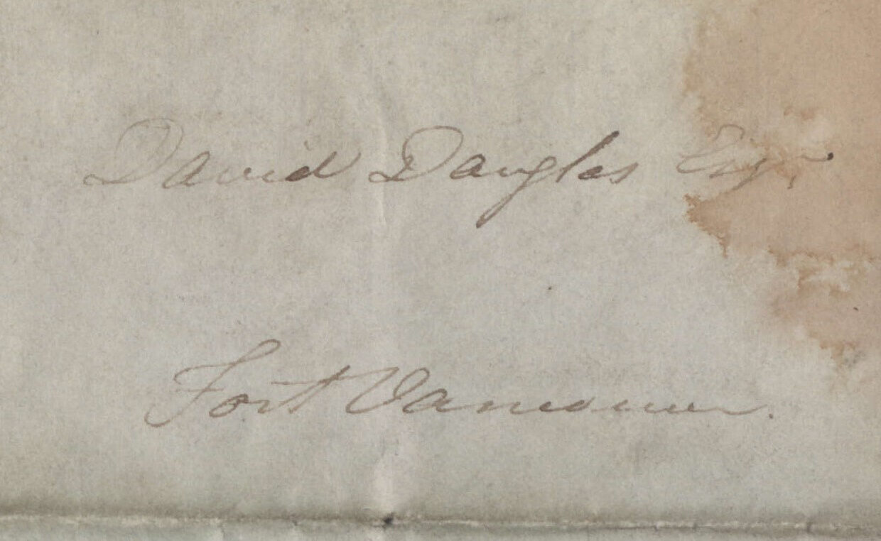 Handwritten note with the name "David Douglas Esq." and "Fort Vancouver".