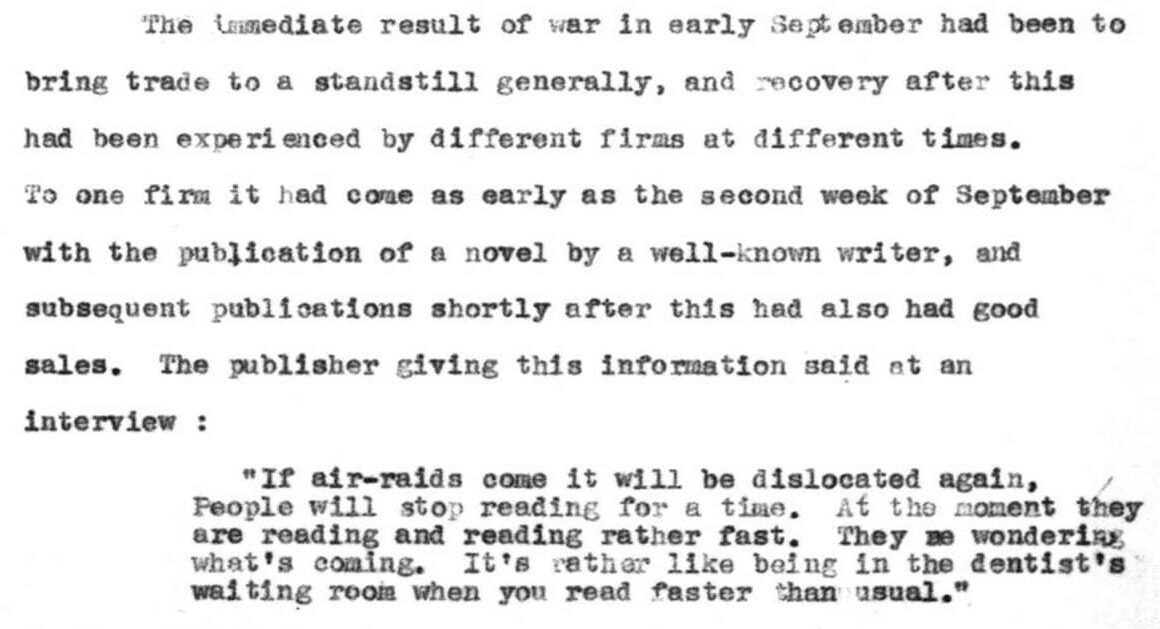 Typewritten document discussing post-war book sales and a publisher's interview