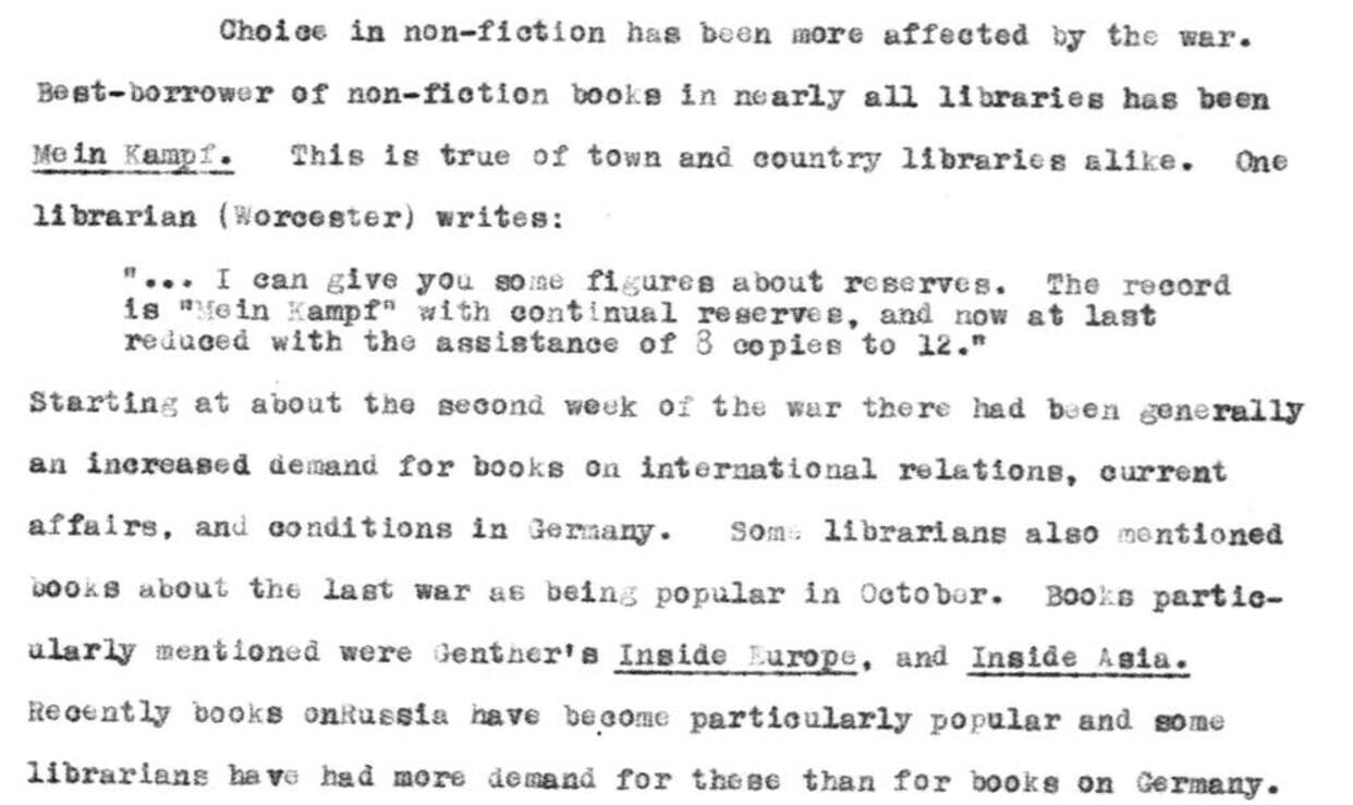 Typewritten document discussing non-fiction book demand and library trends