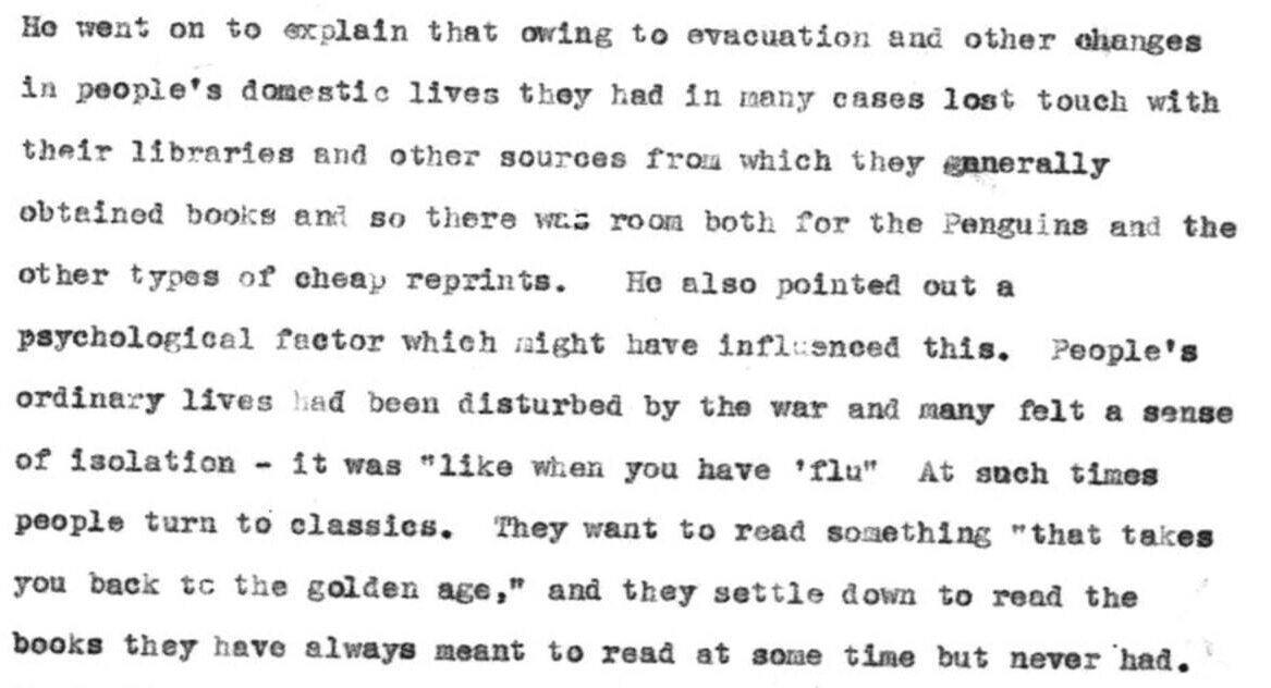 A typed document discussing changes in reading habits due to war disruptions