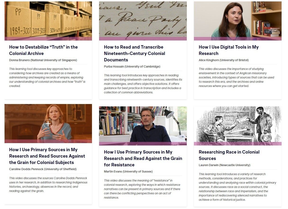 Six educational resources on colonial archives, research methods, and digital tools, featuring various speakers.
