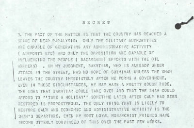 A typed letter describing political unrest in a country, discussing military rule and a leader's departure.