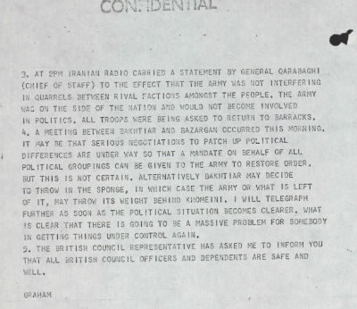 A confidential document discussing military and political tensions in Iran.