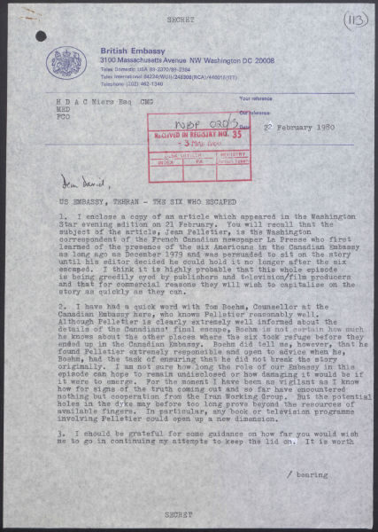 A typed letter from the British Embassy dated February 2, 1980, discussing an article about Jen Pallisier.