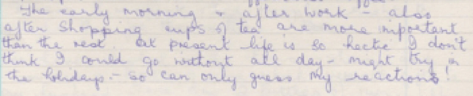 Handwritten text on lined paper discussing morning activities and feelings