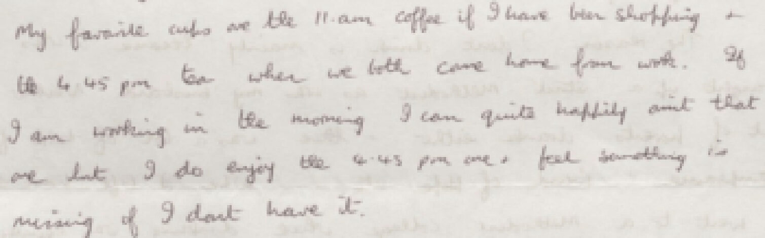 A handwritten note expressing a favourite coffee time and thoughts about work
