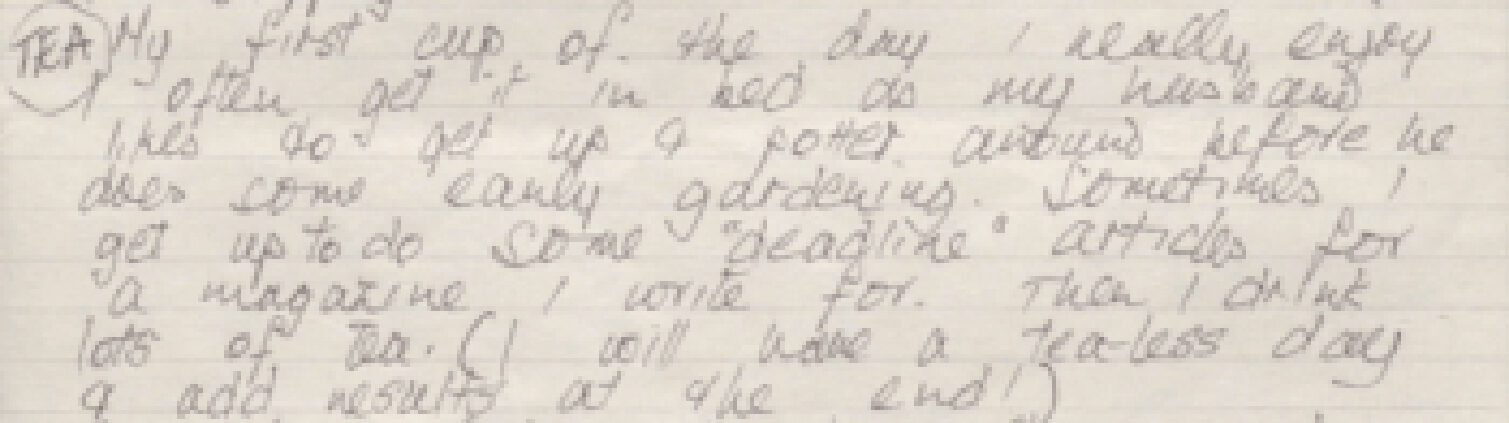 A handwritten note about enjoying a cup of tea at the start of the day