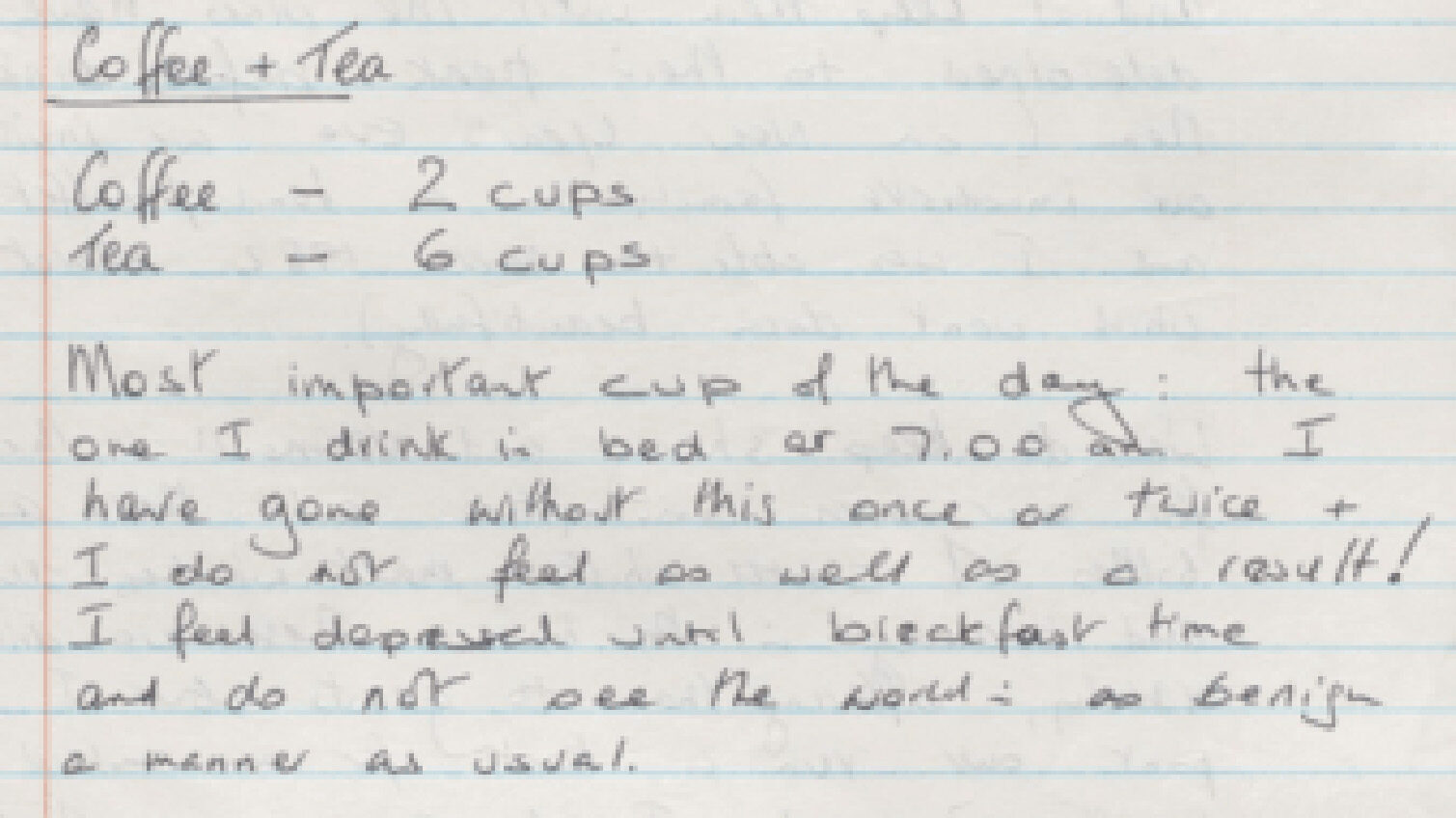 A handwritten note on lined paper listing coffee and tea cups, with a personal reflection about coffee