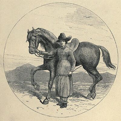 A woman in a long dress and wide-brimmed hat stands beside a horse, set against a natural landscape