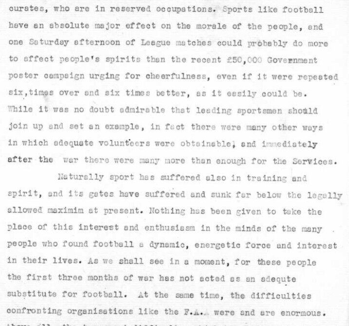Typewritten report excerpt discussing wartime football leagues and competition reorganisation in Britain.