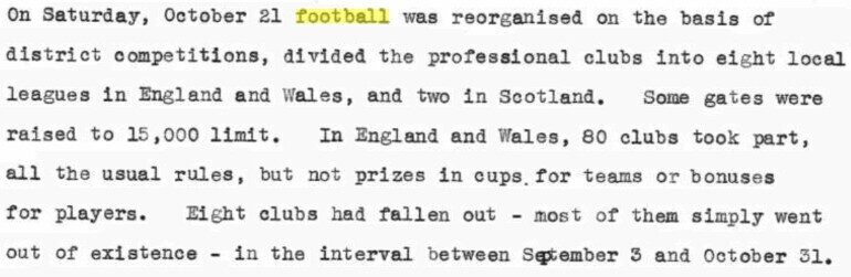 Typewritten report detailing wartime reorganisation of football leagues across Britain.
