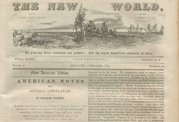 Vintage newspaper titled 'The New World' featuring an illustration of soldiers in a boat and ships in the distance.