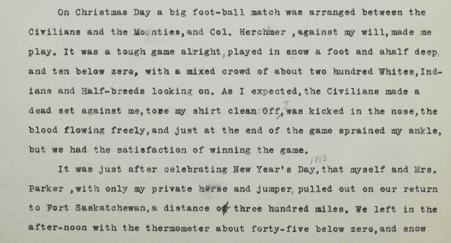 A vintage text document showing a passage about a Christmas football match in harsh winter conditions.