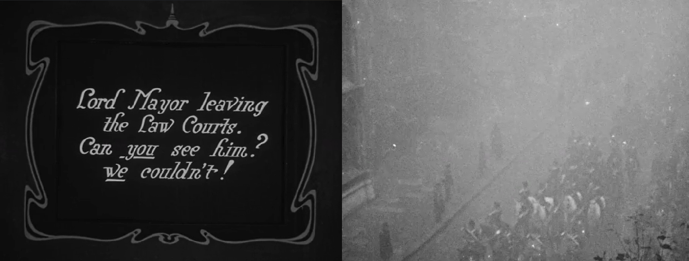 A black and white image showing a foggy street with a crowd and a text overlay about the Lord Mayor