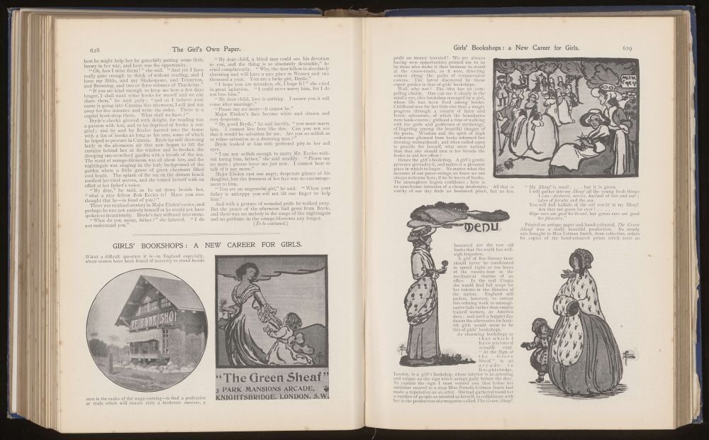 Two open pages of an old magazine featuring an article on girls' bookshops and illustrations of women.