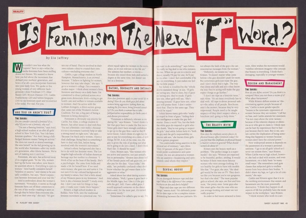Magazine spread with bold title 'Is Feminism The New F Word?' discussing feminism issues and interviews.