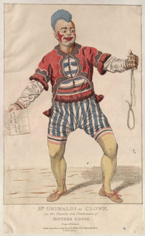 A clown with blue hair and a colourful costume, holding a rope and a paper, smiling.