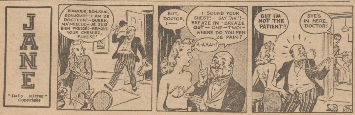 A humorous comic strip with a doctor examining a woman, mistaking her for a patient.