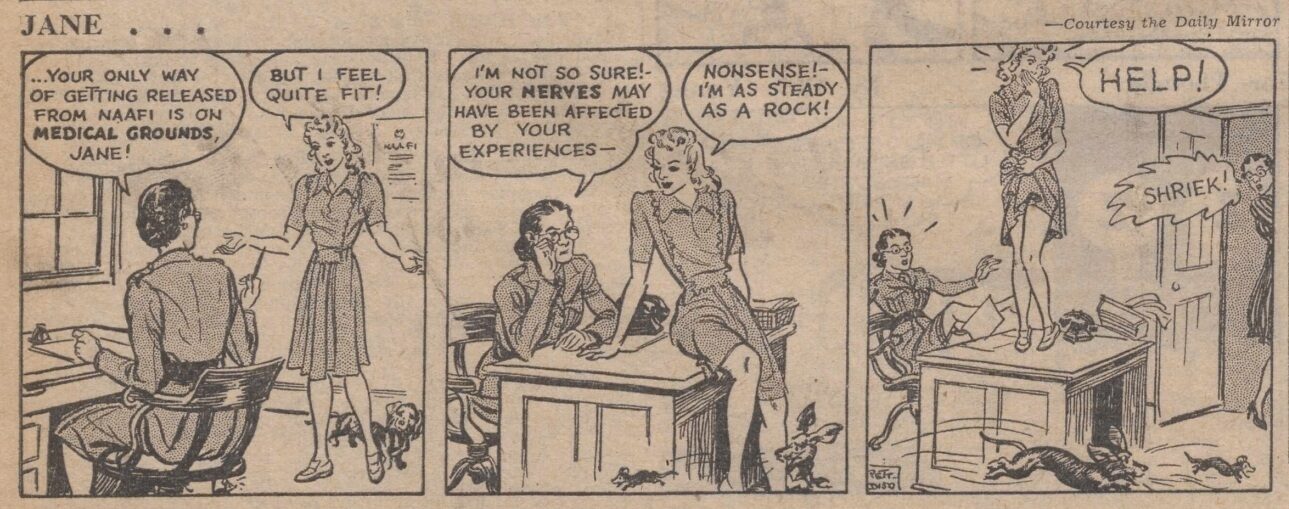 A three-panel comic featuring two women discussing nerves, with one on a table and two dogs. The last panel shows one woman panicking.