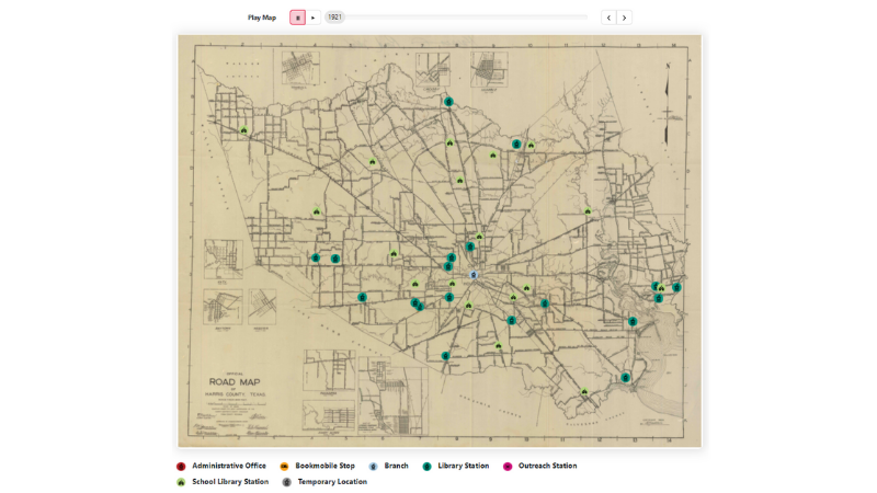 A vintage map showing library locations with coloured dots for branch and research sites