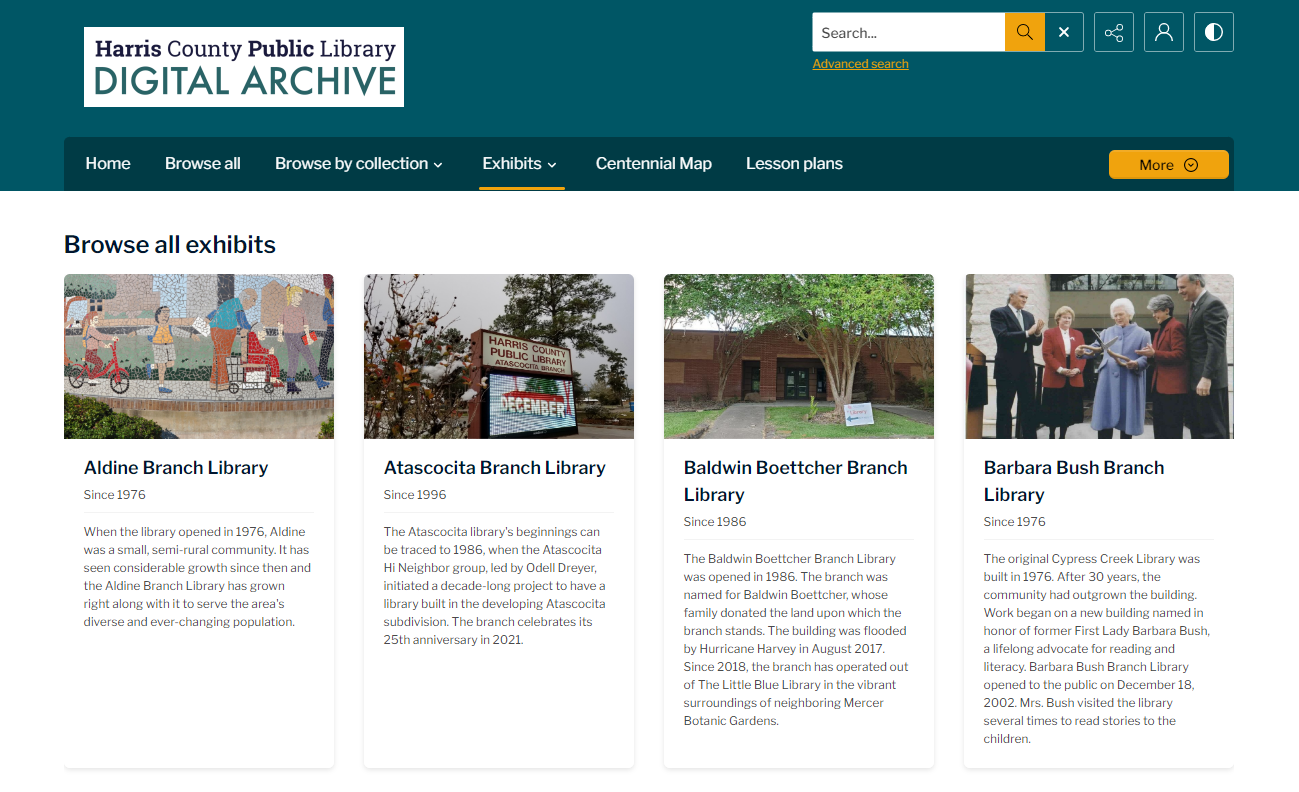 Harris County Public Library Digital Archive homepage showing four library exhibits