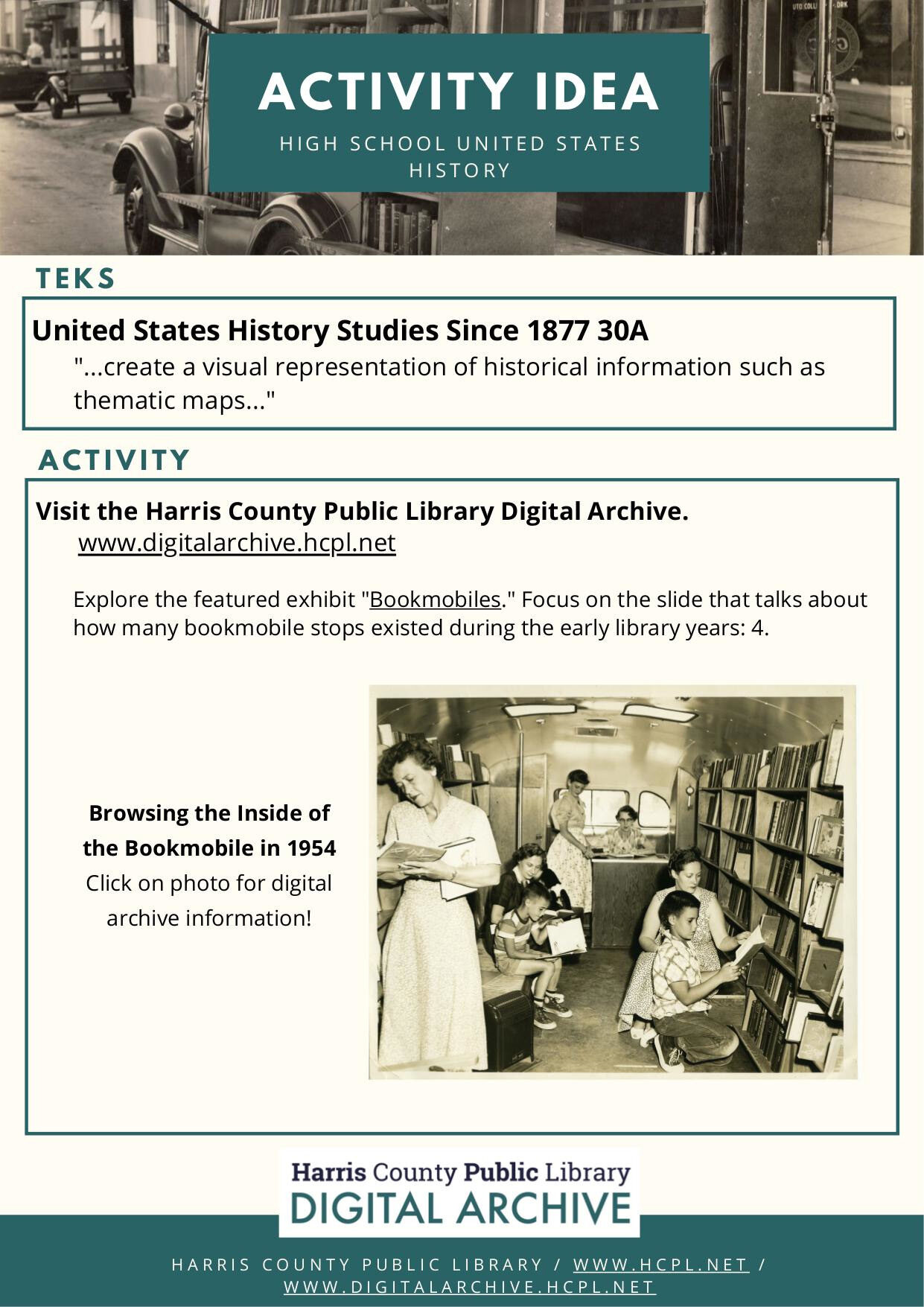 Activity idea flyer about US History since 1877, featuring library resources and archival images