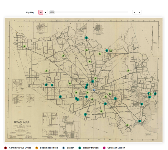 A vintage map showing a city layout with labelled points for administration, branches, and library stations