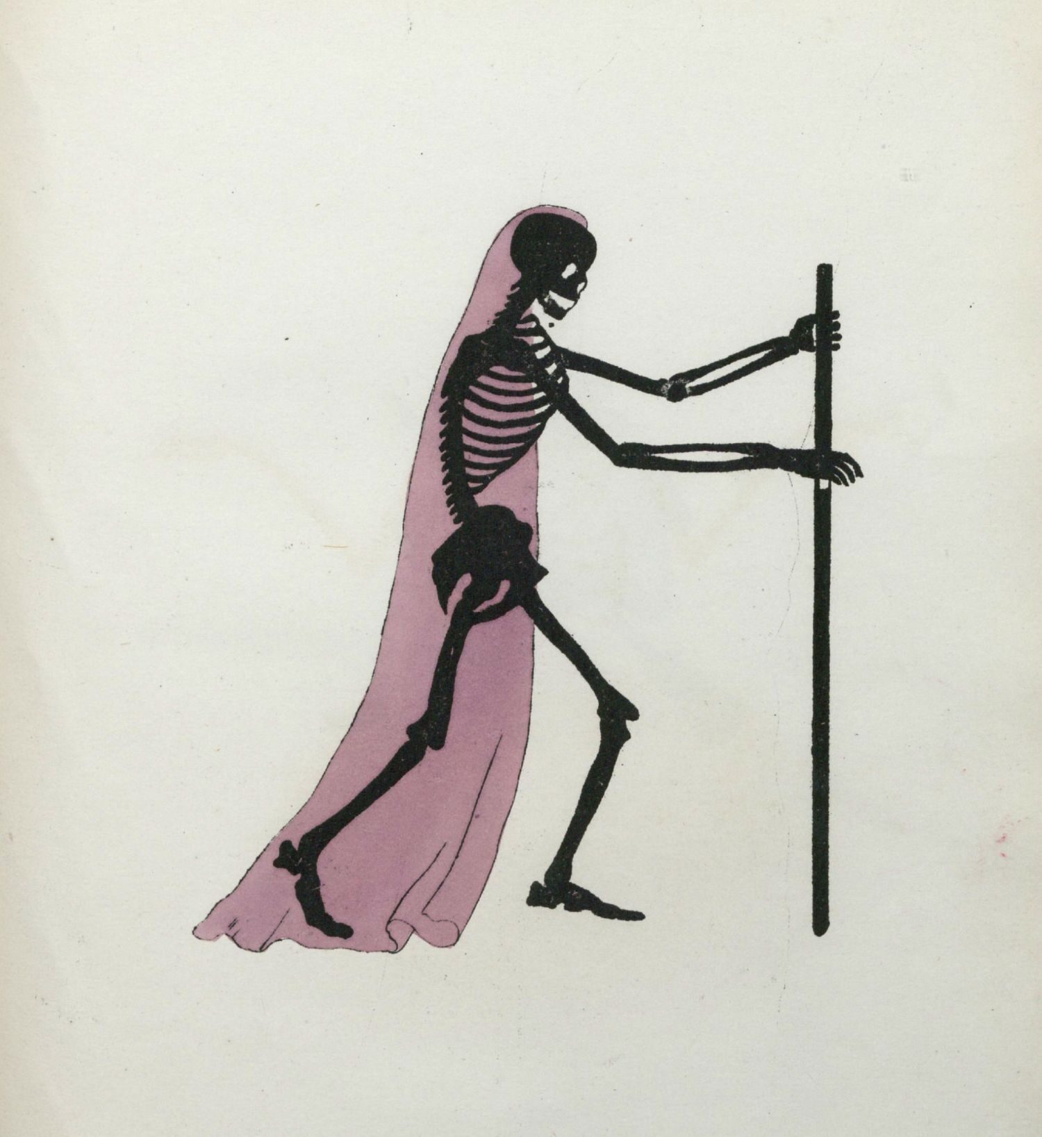 A black silhouette of a skeleton wearing a purple cloak, holding a staff while walking.