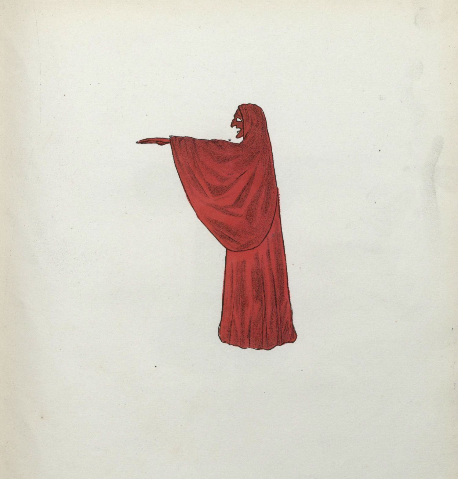 A figure in a flowing red robe points forward with a serious expression.