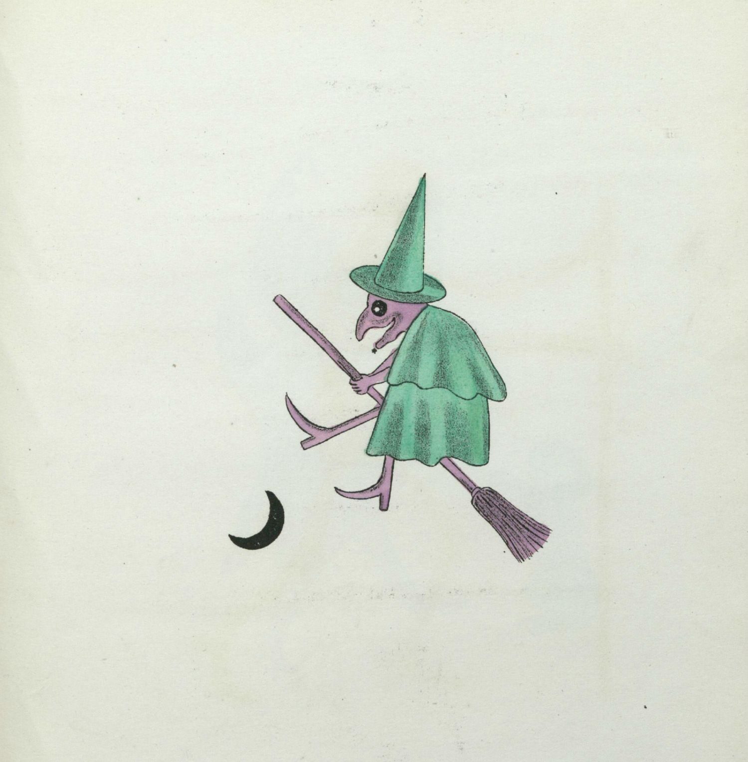 A cartoon witch with a green cape and hat flying on a broomstick near a crescent moon.