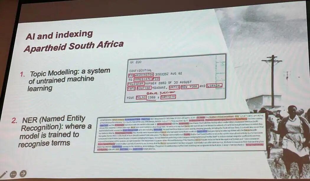 Text slide about AI and indexing in Apartheid South Africa, featuring machine learning concepts and a document.