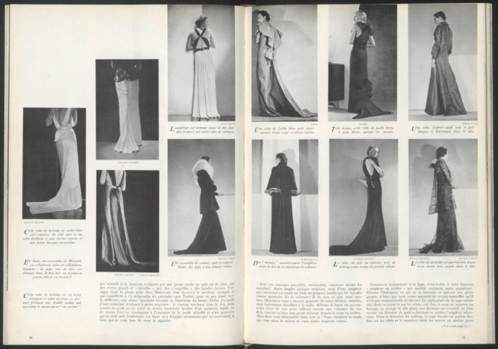 A collage of vintage fashion designs featuring elegant dresses in black and white