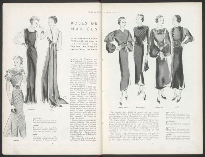 Fashion illustration of wedding dresses from the 1930s, showcasing various elegant styles and fabrics