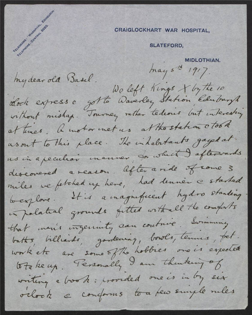 A handwritten letter dated May 5, 1917, from Craiglockhart War Hospital, discussing travel and leisure activities.