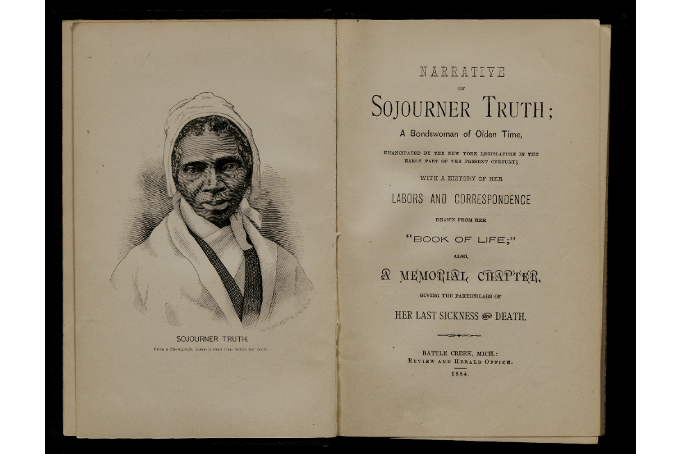 A book opened to a portrait of Sojourner Truth, with the title pages visible