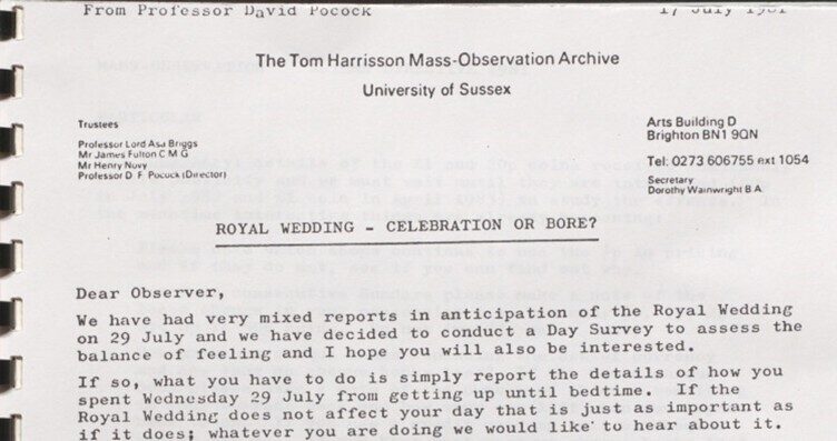 A letter from the Tom Harrisson Mass-Observation Archive discussing a survey on the Royal Wedding.