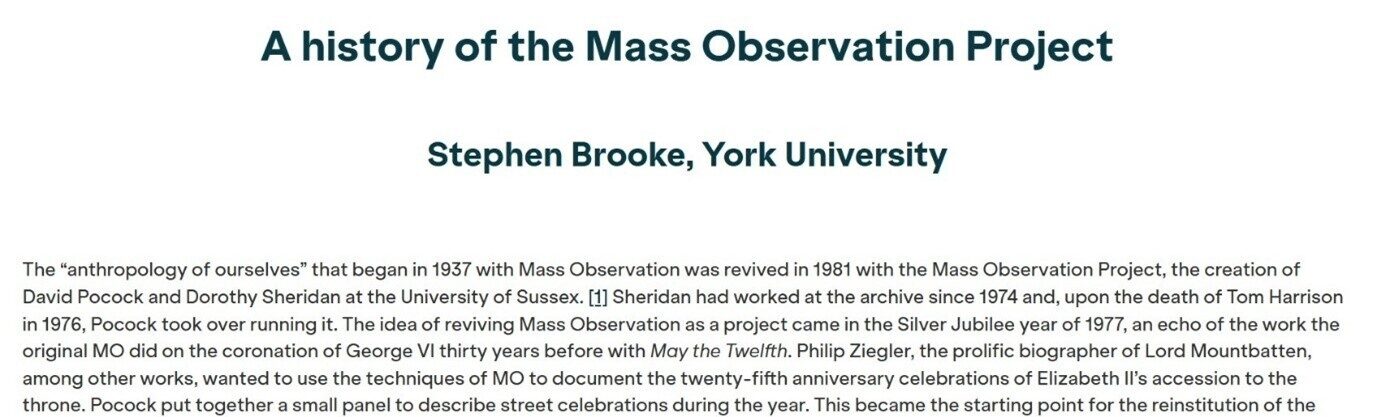 An article titled 'A history of the Mass Observation Project' by Stephen Brooke from York University.